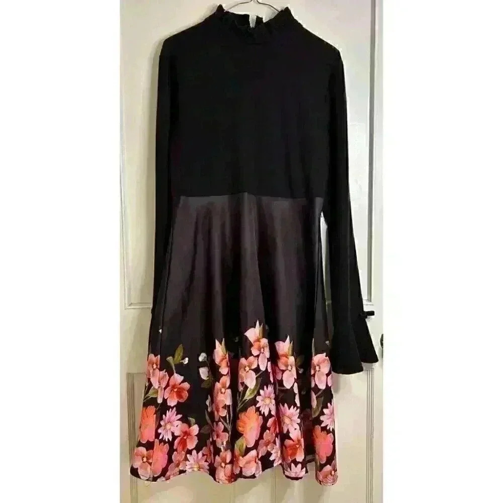 Black High Neck Dress with Bell Sleeves and an A Line Floral Skirt Size XL